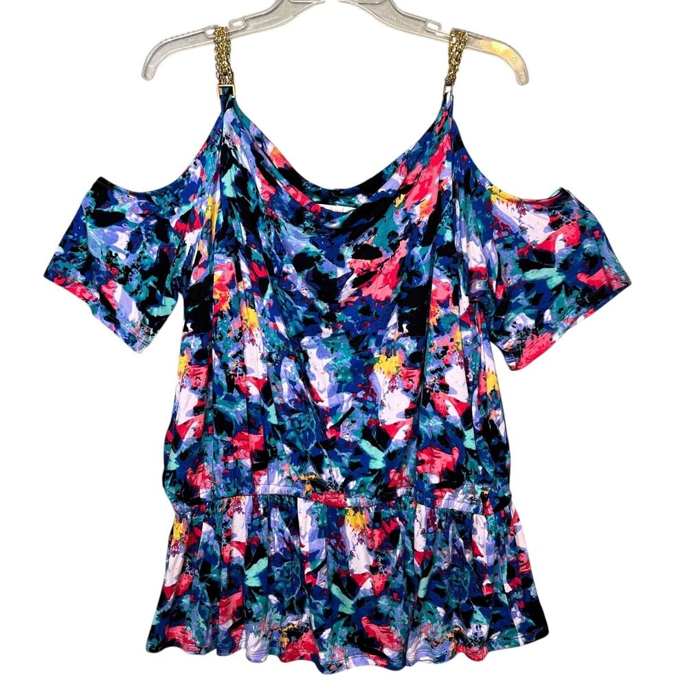 K Jordan Top Womens Large Multicolor Cold Shoulder Chain Strap Ruffle Blouse